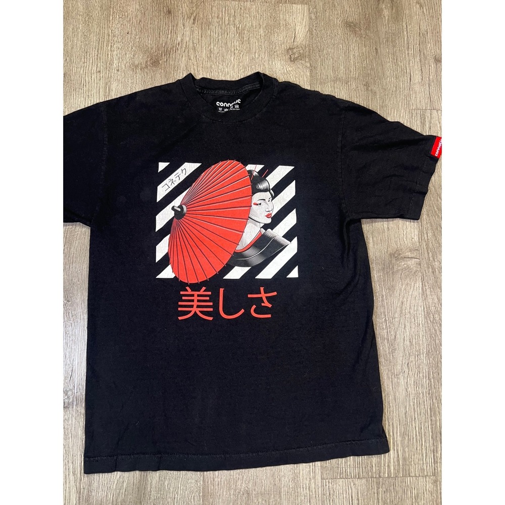 Connetic Mens Black Geisha Graphic T-Shirt Japanese Parasol Kanji Print Size M - Picture 2 of 3